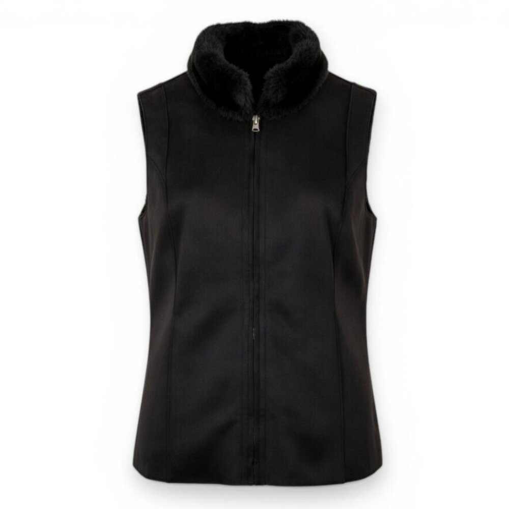 Coldwater Creek Quiet Luxury Faux Fur Collar Vest 2X Black Full Zip Winter Gilet